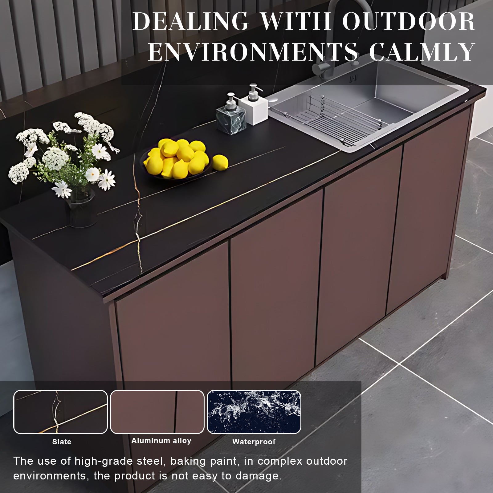 62.99" Outdoor Cabinetry Including Textured Slate Tabletop and Stainless Steel Sink