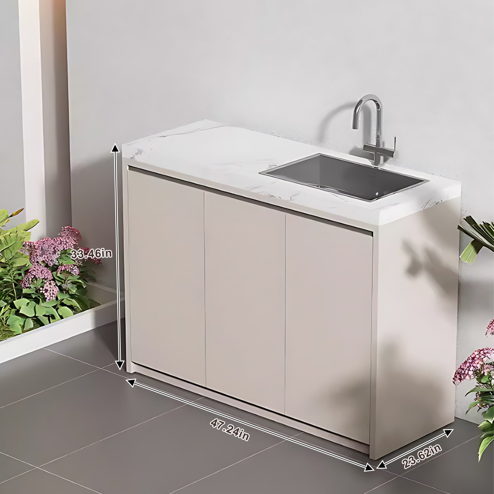 47.24“ - 86.61” Aluminum Outdoor Cabinet with Sink and Patterned Slate Countertop