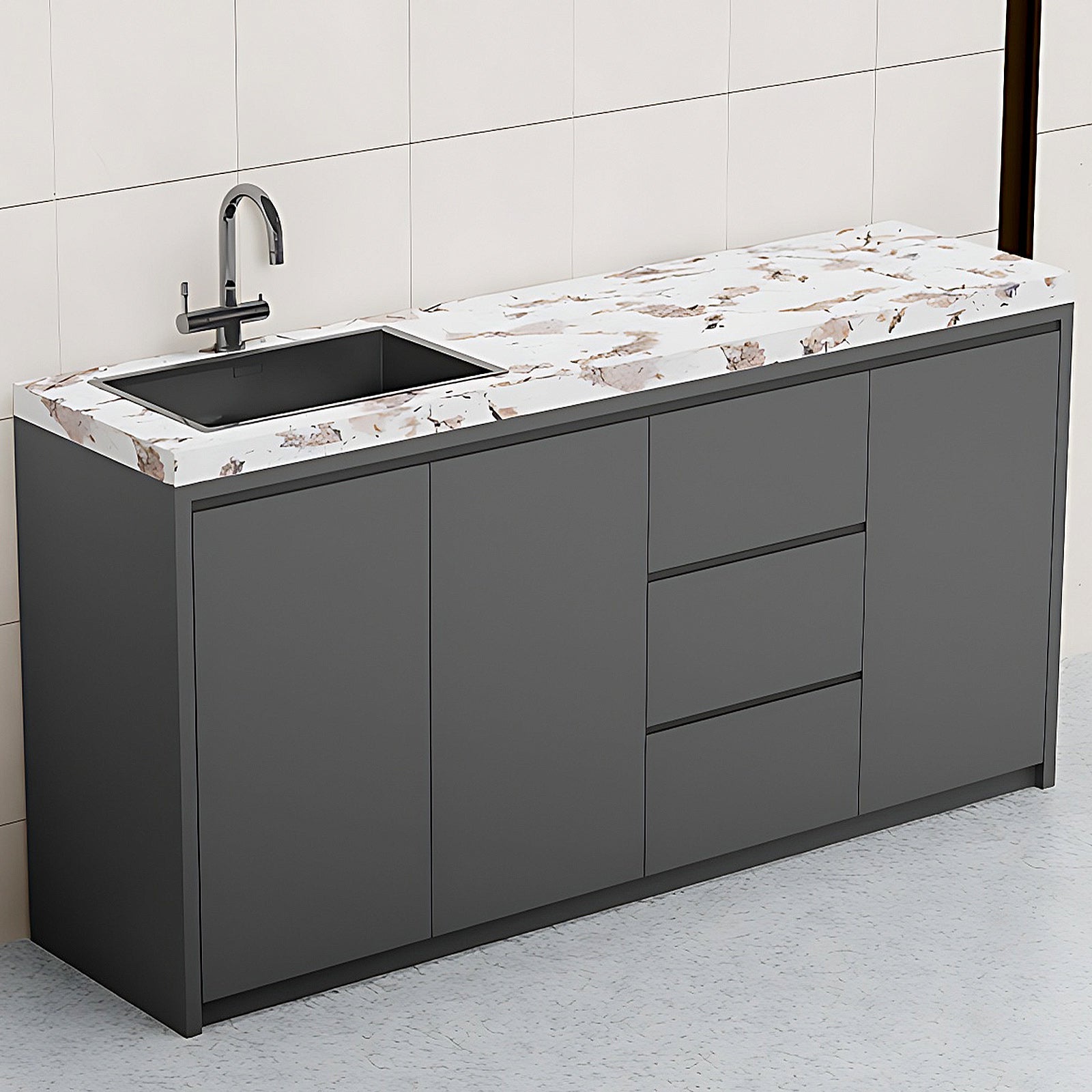 47.24“ - 86.61” Aluminum Outdoor Cabinet with Sink and Patterned Slate Countertop
