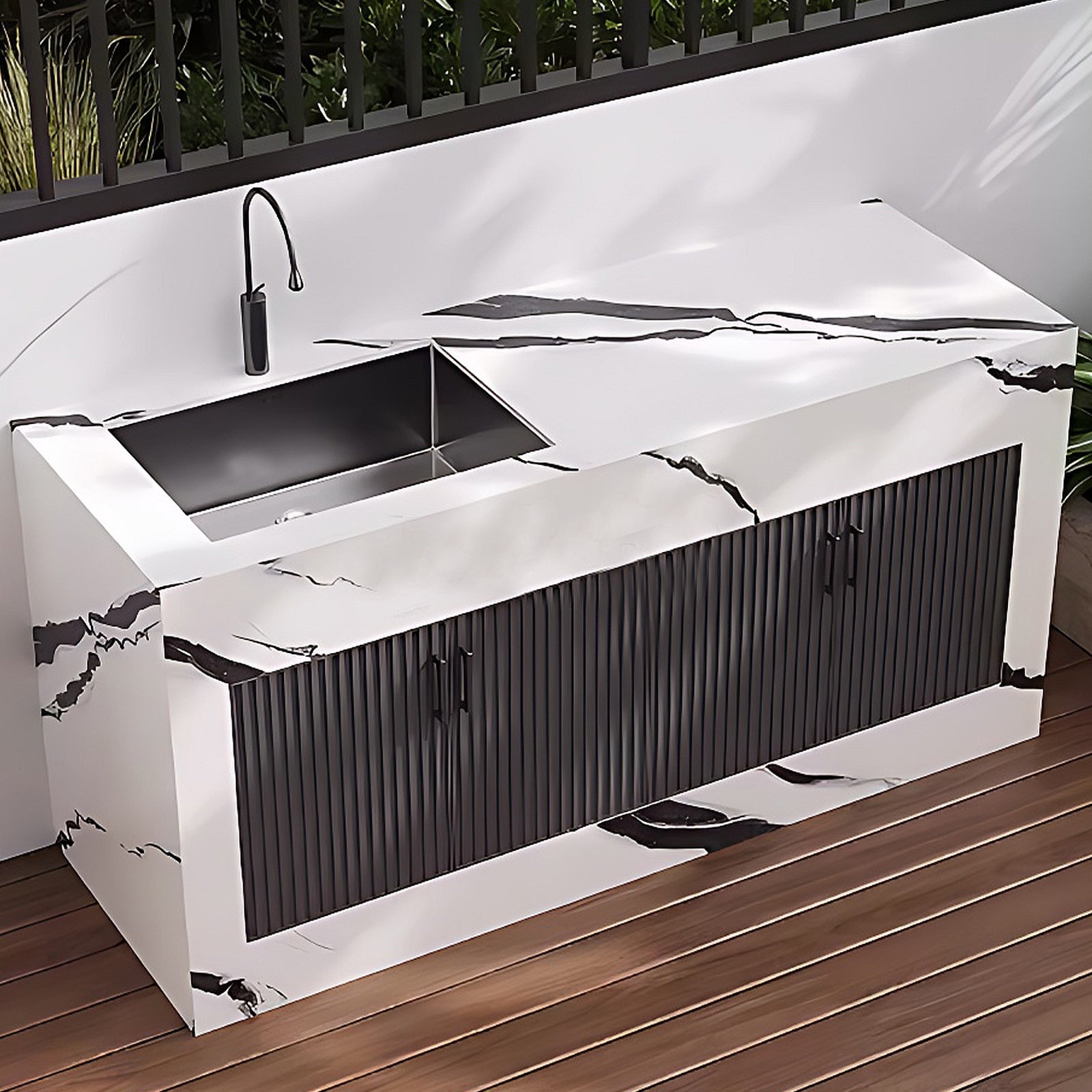 43.31" - 59.06" Black Grille Stripe Door Outdoor Cabinet with Rock Countertop and Sink