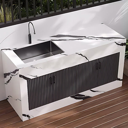 43.31" - 59.06" Black Grille Stripe Door Outdoor Cabinet with Rock Countertop and Sink