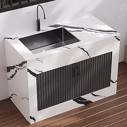 43.31" - 59.06" Black Grille Stripe Door Outdoor Cabinet with Rock Countertop and Sink