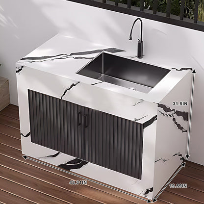 43.31" - 59.06" Black Grille Stripe Door Outdoor Cabinet with Rock Countertop and Sink