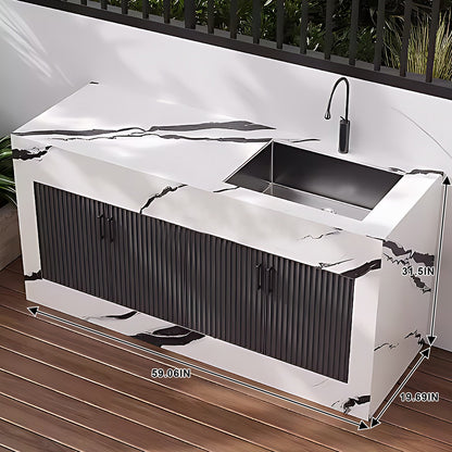 43.31" - 59.06" Black Grille Stripe Door Outdoor Cabinet with Rock Countertop and Sink