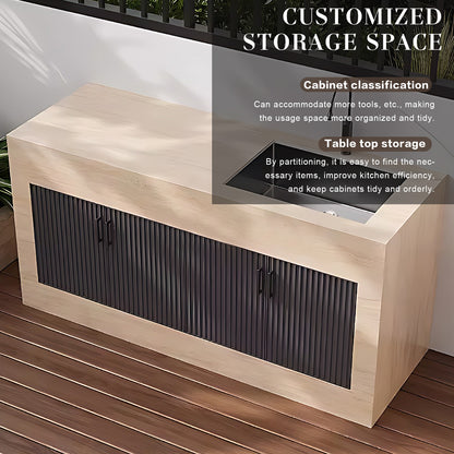 43.31" - 59.06" Black Grille Stripe Door Outdoor Cabinet with Rock Countertop and Sink