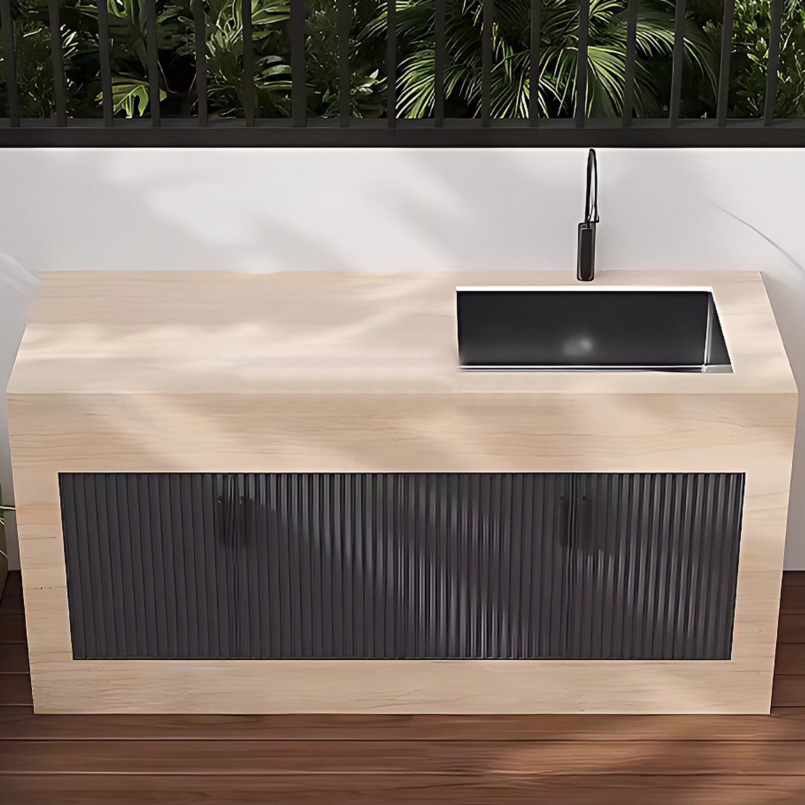 43.31" - 59.06" Black Grille Stripe Door Outdoor Cabinet with Rock Countertop and Sink