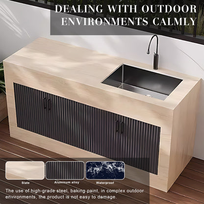 43.31" - 59.06" Black Grille Stripe Door Outdoor Cabinet with Rock Countertop and Sink
