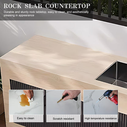 43.31" - 59.06" Black Grille Stripe Door Outdoor Cabinet with Rock Countertop and Sink