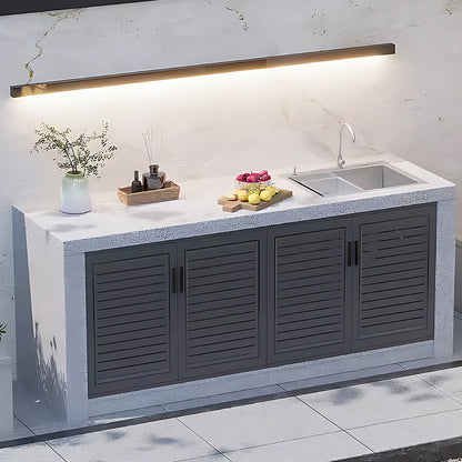 62.99” - 118.11“ Grey Striped aluminum outdoor cabinetry, including slate countertop and stainless steel sink