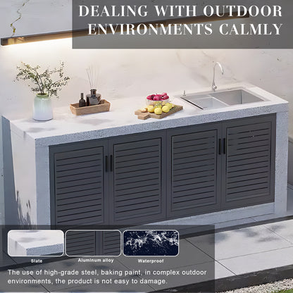 62.99” - 118.11“ Grey Striped aluminum outdoor cabinetry, including slate countertop and stainless steel sink