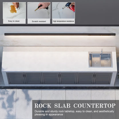 62.99” - 118.11“ Grey Striped aluminum outdoor cabinetry, including slate countertop and stainless steel sink
