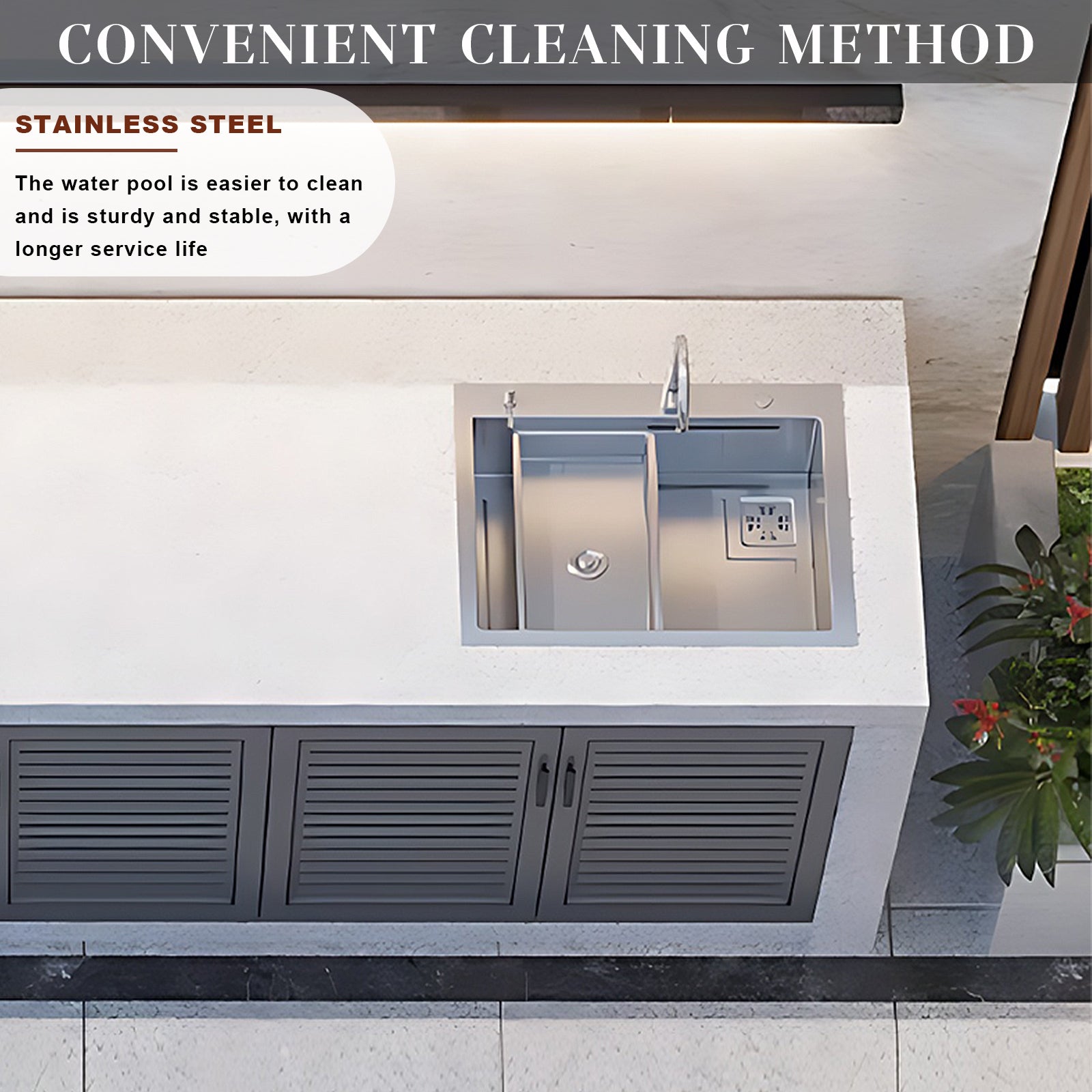 62.99” - 118.11“ Grey Striped aluminum outdoor cabinetry, including slate countertop and stainless steel sink