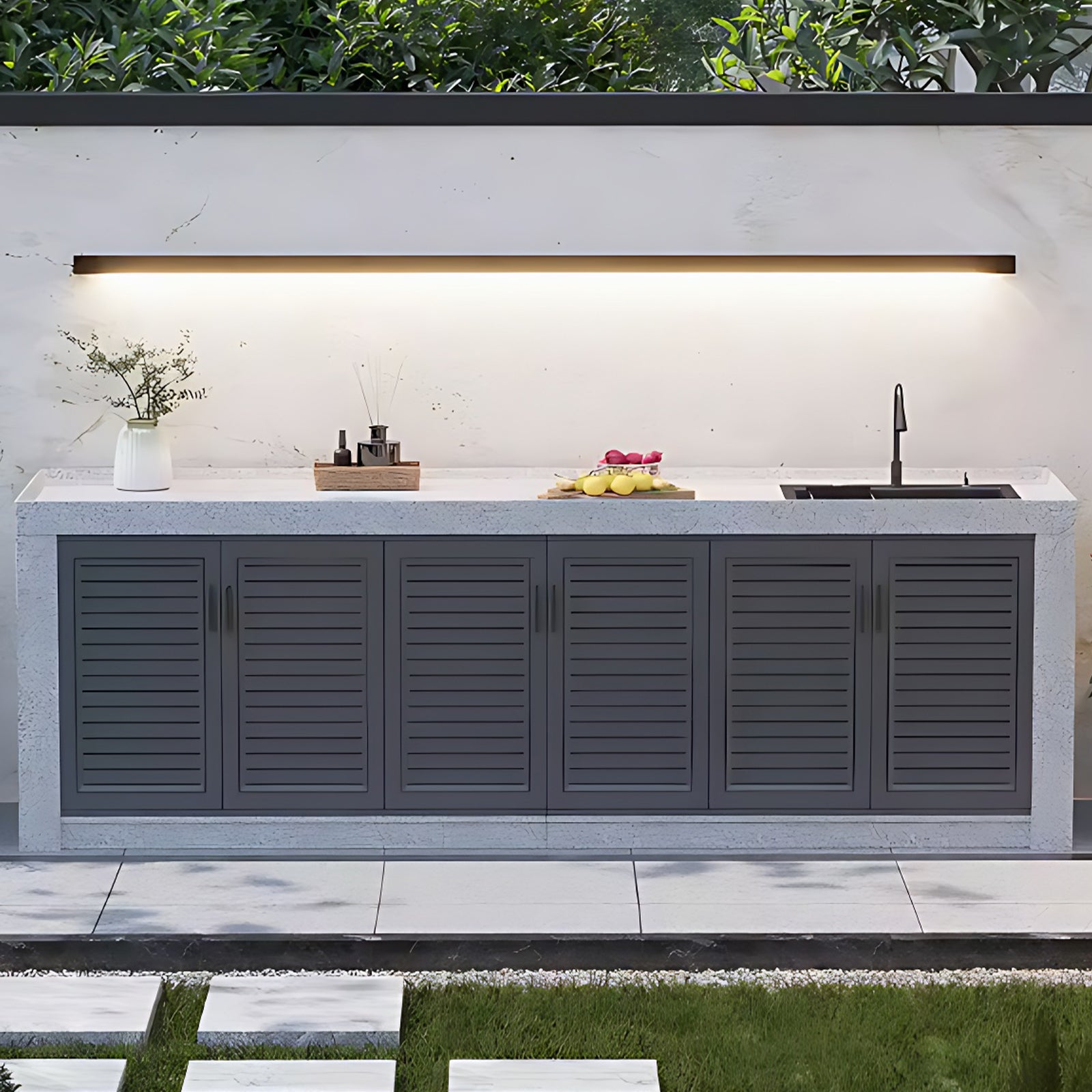 62.99” - 118.11“ Grey Striped aluminum outdoor cabinetry, including slate countertop and stainless steel sink
