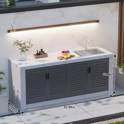 62.99” - 118.11“ Grey Striped aluminum outdoor cabinetry, including slate countertop and stainless steel sink