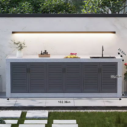 62.99” - 118.11“ Grey Striped aluminum outdoor cabinetry, including slate countertop and stainless steel sink