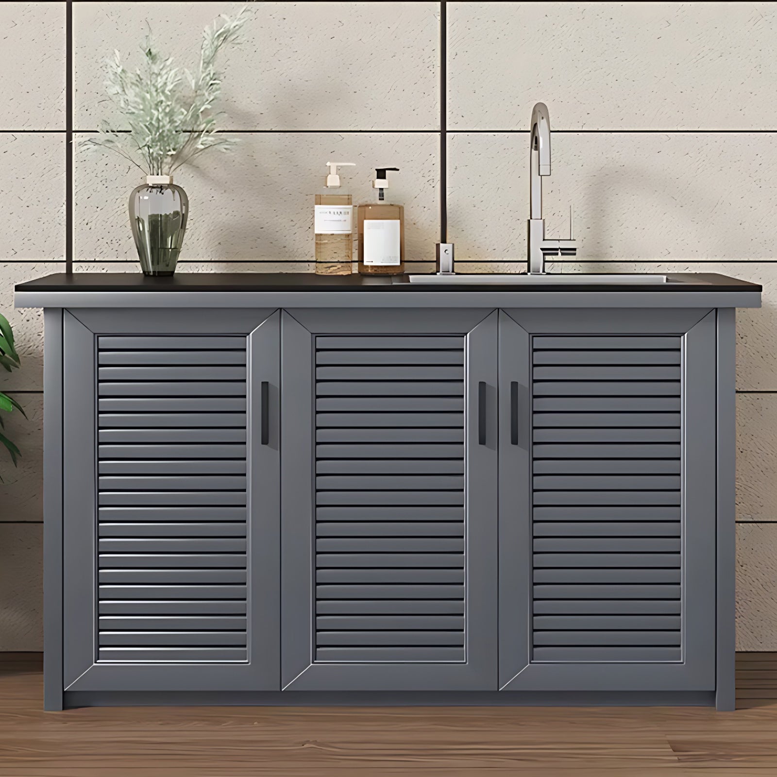 47.24“ - 78.74” Outdoor Slate Countertop Storage Cabinet with Sink with  Striped Aluminum Doors