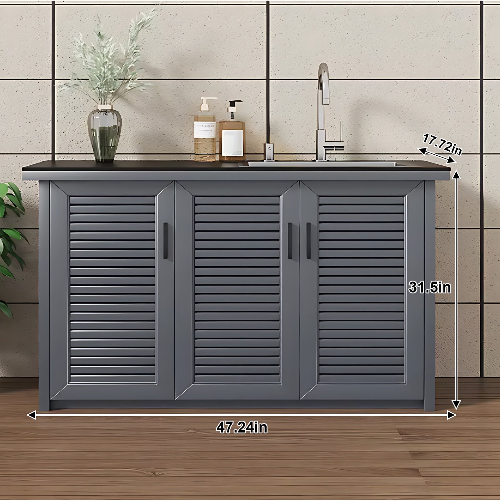 47.24“ - 78.74” Outdoor Slate Countertop Storage Cabinet with Sink with  Striped Aluminum Doors