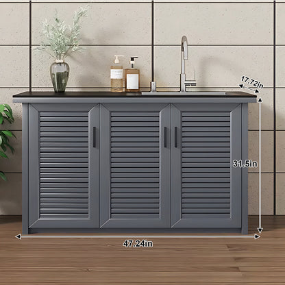 47.24“ - 78.74” Outdoor Slate Countertop Storage Cabinet with Sink with  Striped Aluminum Doors