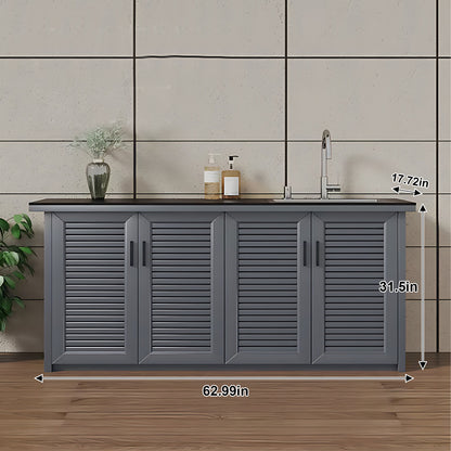47.24“ - 78.74” Outdoor Slate Countertop Storage Cabinet with Sink with  Striped Aluminum Doors