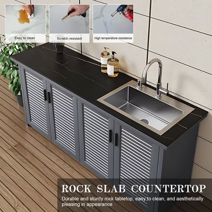 47.24“ - 78.74” Outdoor Slate Countertop Storage Cabinet with Sink with  Striped Aluminum Doors