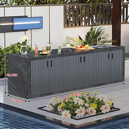 59.06" - 78.74" Striped Aluminum Cabinet Rock Slab Countertop Door Outdoor Sink Storage Cabinet