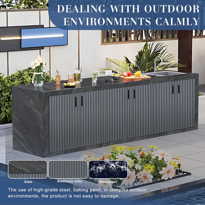 59.06" - 78.74" Striped Aluminum Cabinet Rock Slab Countertop Door Outdoor Sink Storage Cabinet