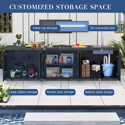 59.06" - 78.74" Striped Aluminum Cabinet Rock Slab Countertop Door Outdoor Sink Storage Cabinet