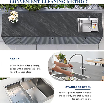 59.06" - 78.74" Striped Aluminum Cabinet Rock Slab Countertop Door Outdoor Sink Storage Cabinet