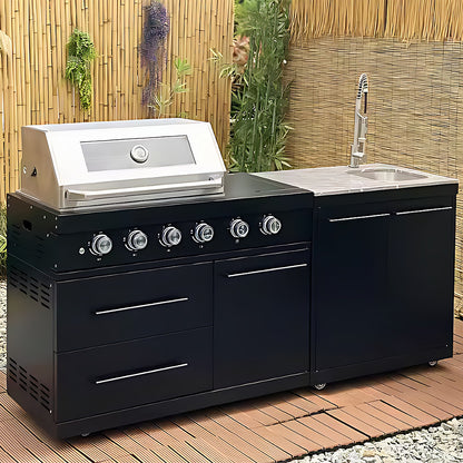 77.95" - 98.43" Black Outdoor Kitchen Cabinet with Grill and Stainless Steel Sink