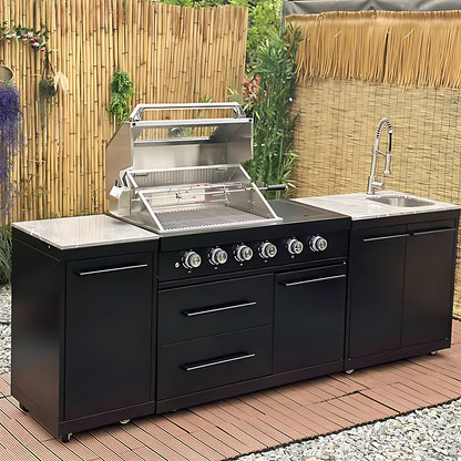 77.95" - 98.43" Black Outdoor Kitchen Cabinet with Grill and Stainless Steel Sink