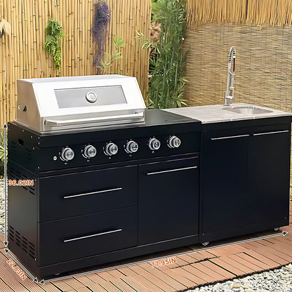 77.95" - 98.43" Black Outdoor Kitchen Cabinet with Grill and Stainless Steel Sink