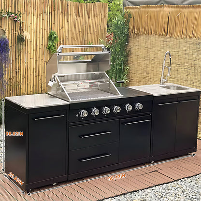 77.95" - 98.43" Black Outdoor Kitchen Cabinet with Grill and Stainless Steel Sink