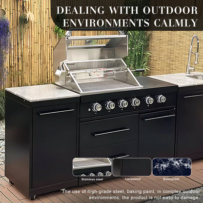 77.95" - 98.43" Black Outdoor Kitchen Cabinet with Grill and Stainless Steel Sink