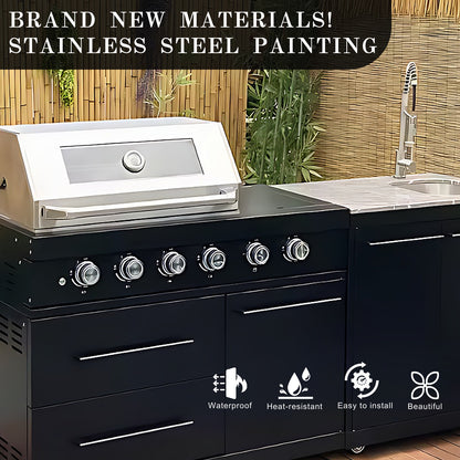77.95" - 98.43" Black Outdoor Kitchen Cabinet with Grill and Stainless Steel Sink