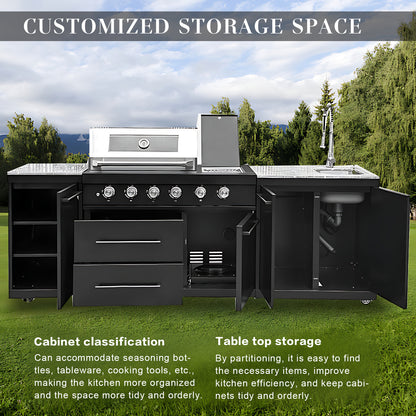 77.95" - 98.43" Black Outdoor Kitchen Cabinet with Grill and Stainless Steel Sink