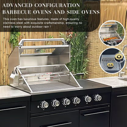 77.95" - 98.43" Black Outdoor Kitchen Cabinet with Grill and Stainless Steel Sink