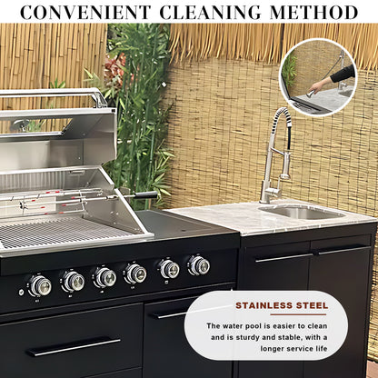 77.95" - 98.43" Black Outdoor Kitchen Cabinet with Grill and Stainless Steel Sink