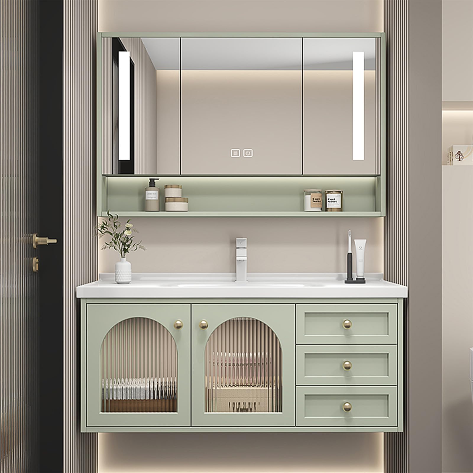 36"- 48" Green Floating Bathroom Vanity Set with Mirror Cabinet and Sink