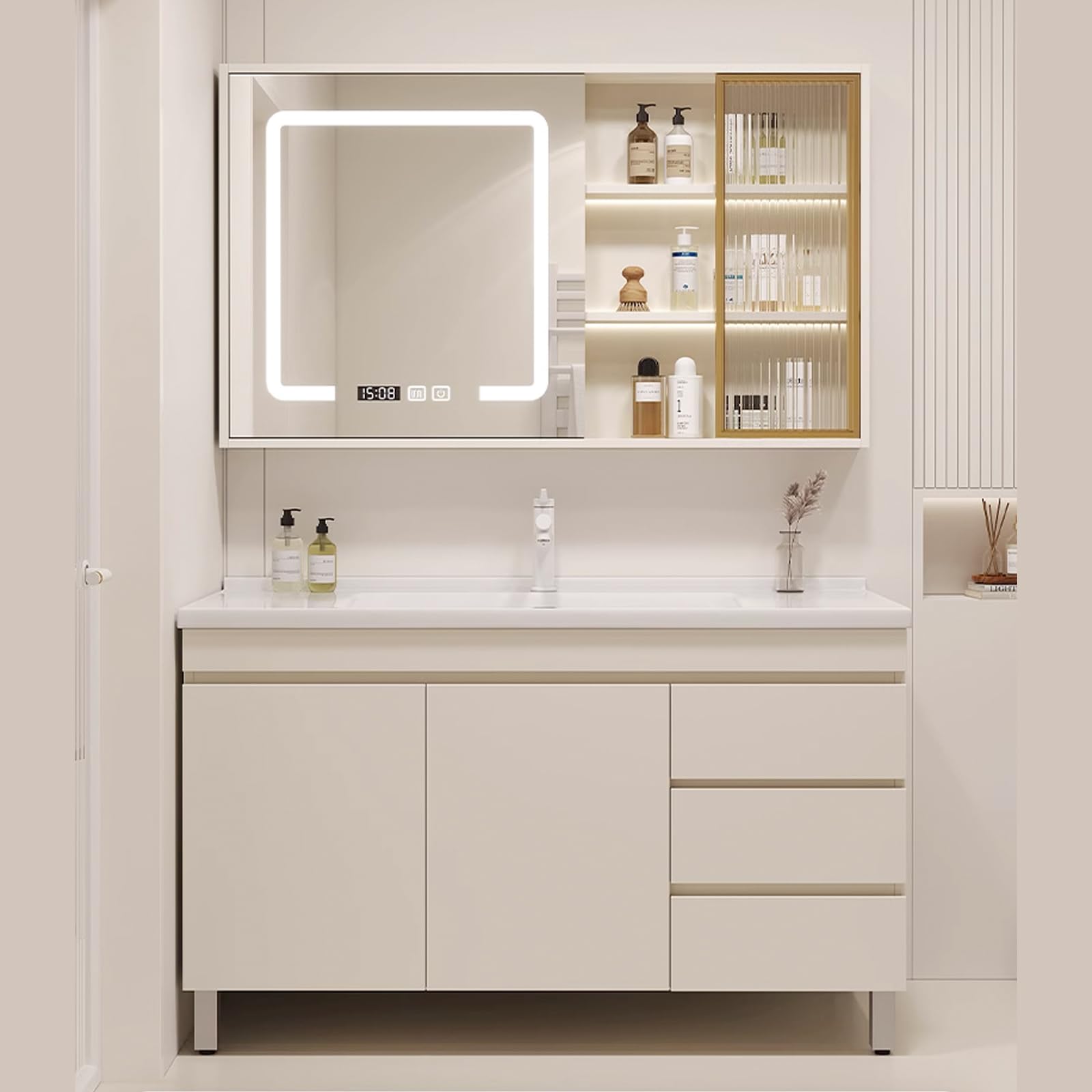 40" White Large Storage Bathroom Vanity with Sink and Smart Mirror Cabinet