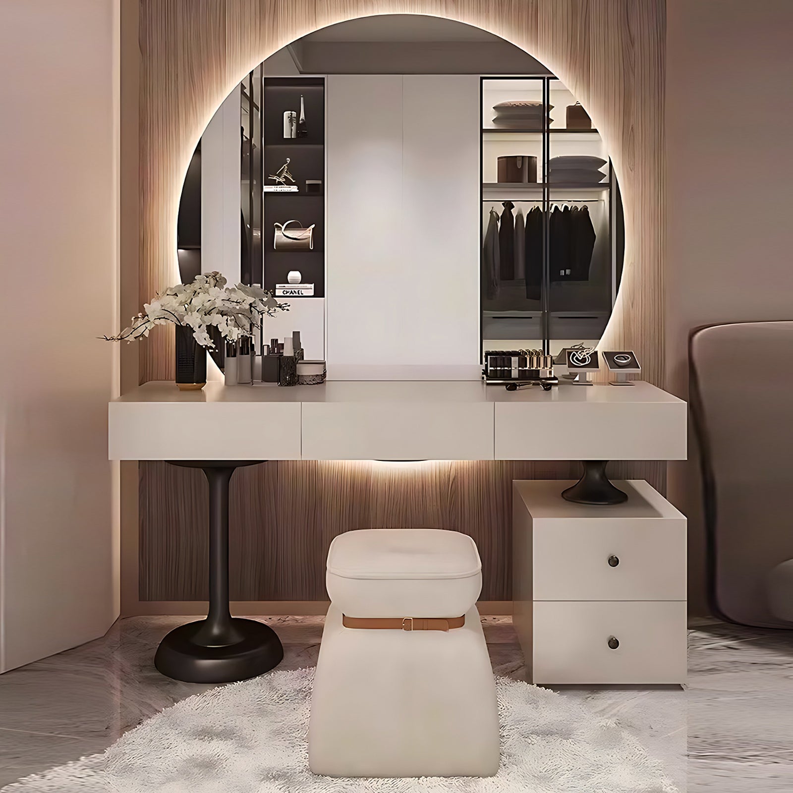 5 Drawers Minimalist Dressing Table with Circle Backlit Mirror and Stool