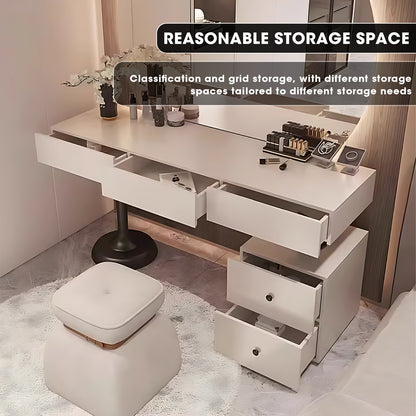 5 Drawers Minimalist Dressing Table with Circle Backlit Mirror and Stool