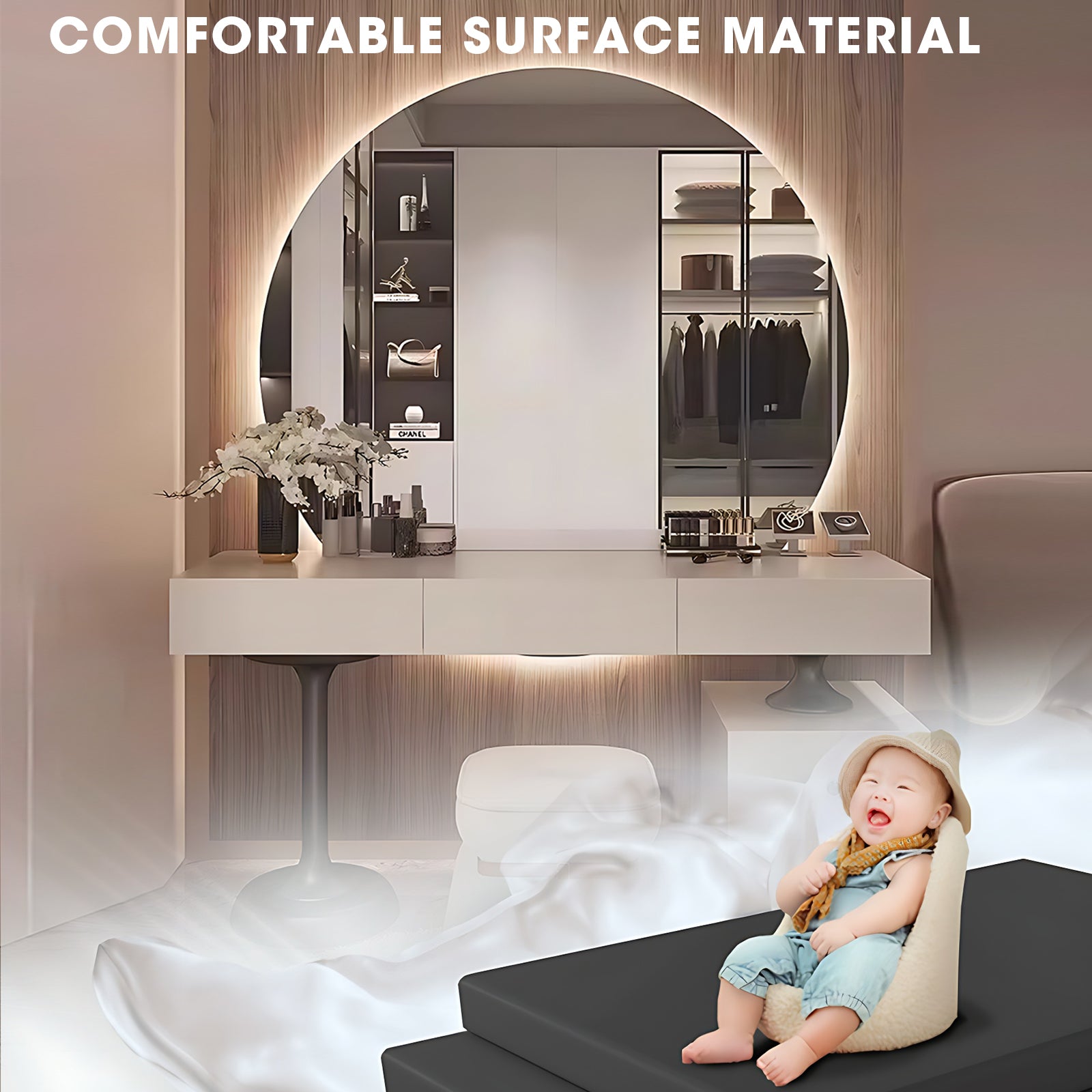 5 Drawers Minimalist Dressing Table with Circle Backlit Mirror 39IN