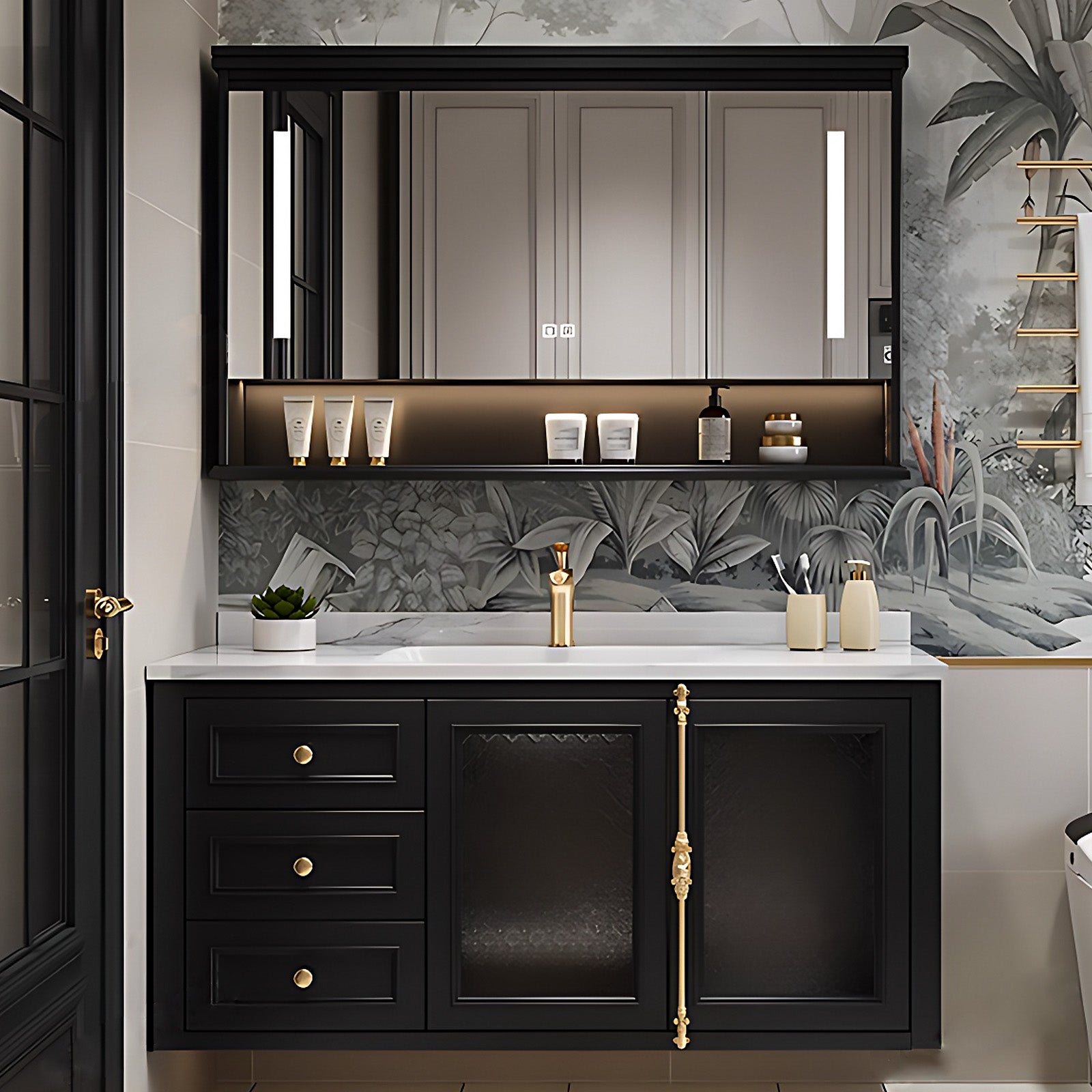 40"- 64" Black Floating Bathroom Vanity Set with Single Ceramic Basin and Smart Mirror