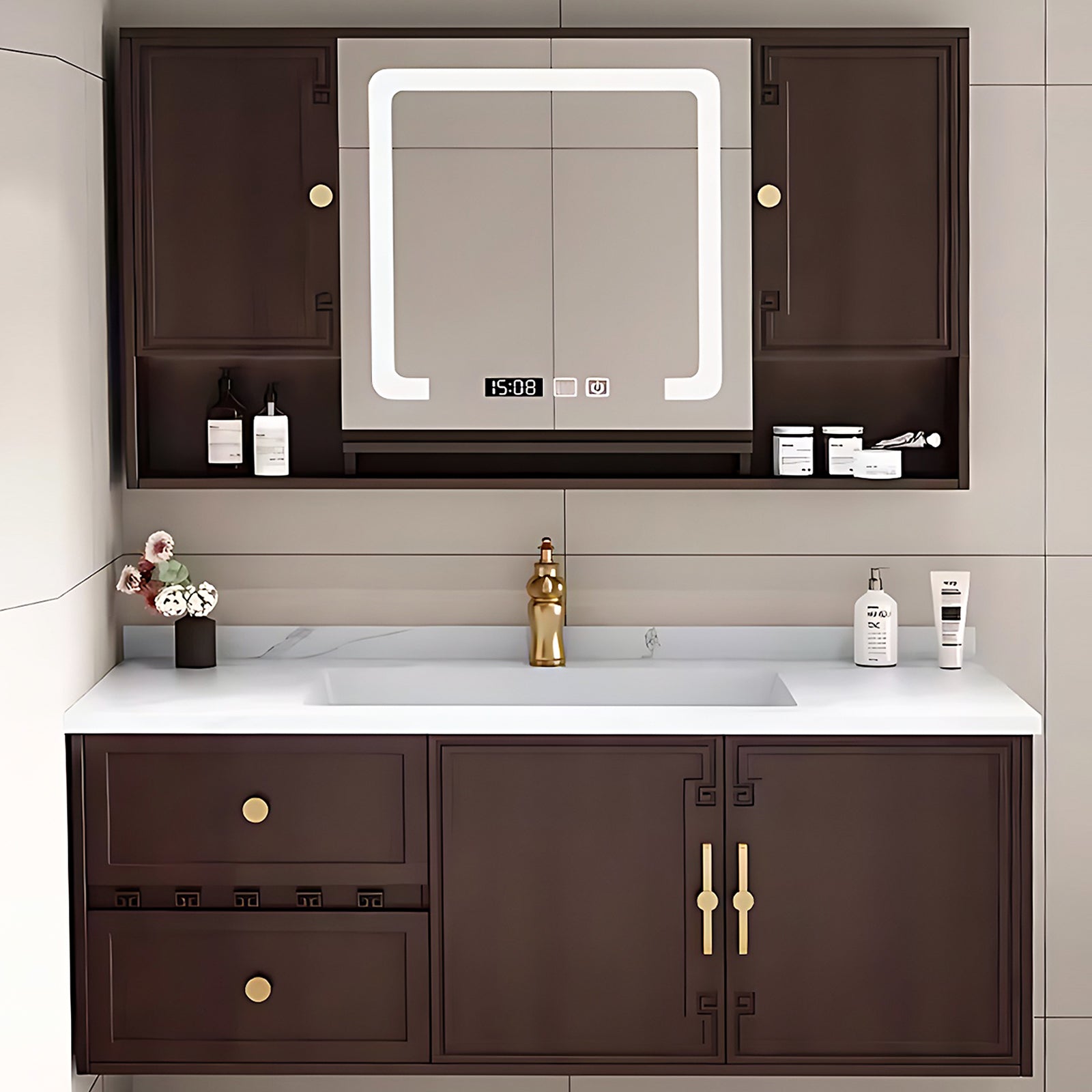 40"- 72" Chocolate Floating Bathroom Vanity Set with LED Medicine Cabinet and Single Basin