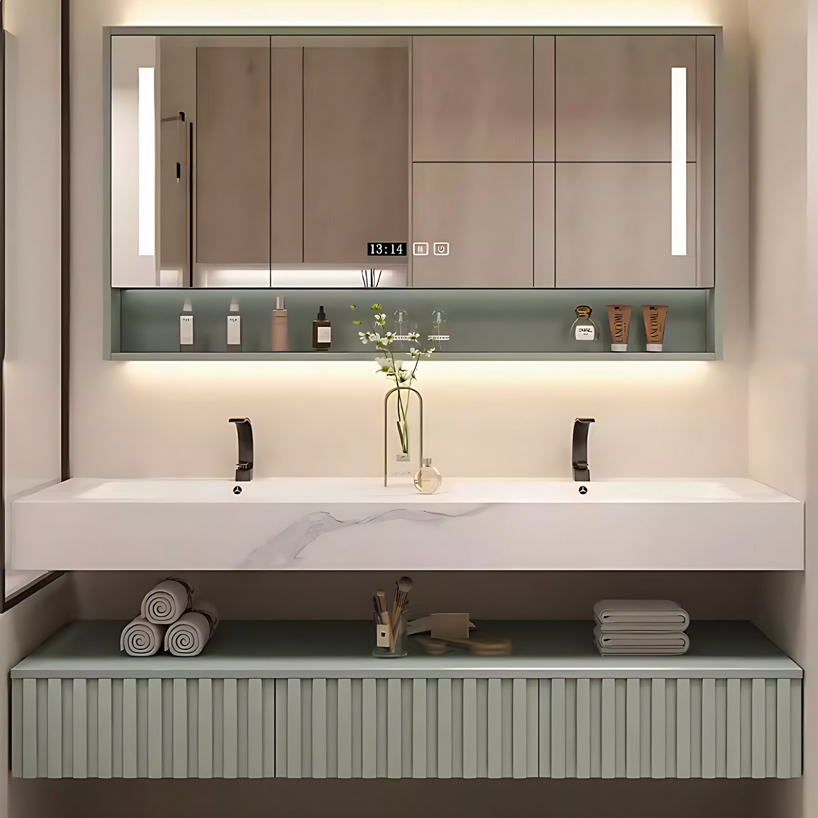 52"- 78" Double Basin Bath Vanity Set with Open Storage and Intelligent Defogging Mirror