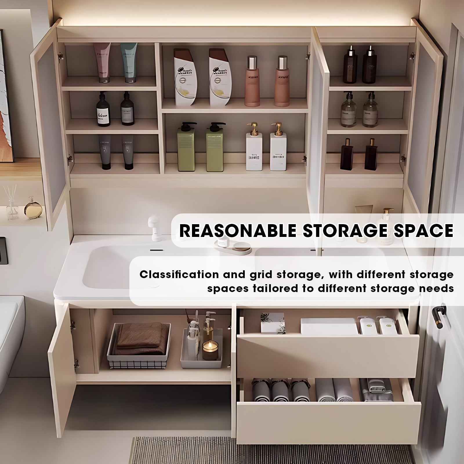 52"- 78" Double Basin Bathroom Vanity Set with Floating Cabinet & Medicine Cabinet
