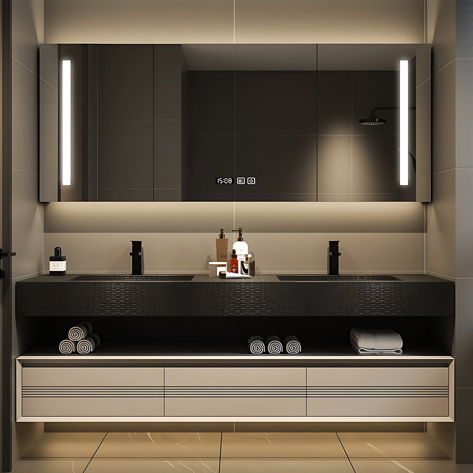 56"- 78" Double Basin Vanity Set with Solid Wood Cabinet and Intelligent LED Mirror