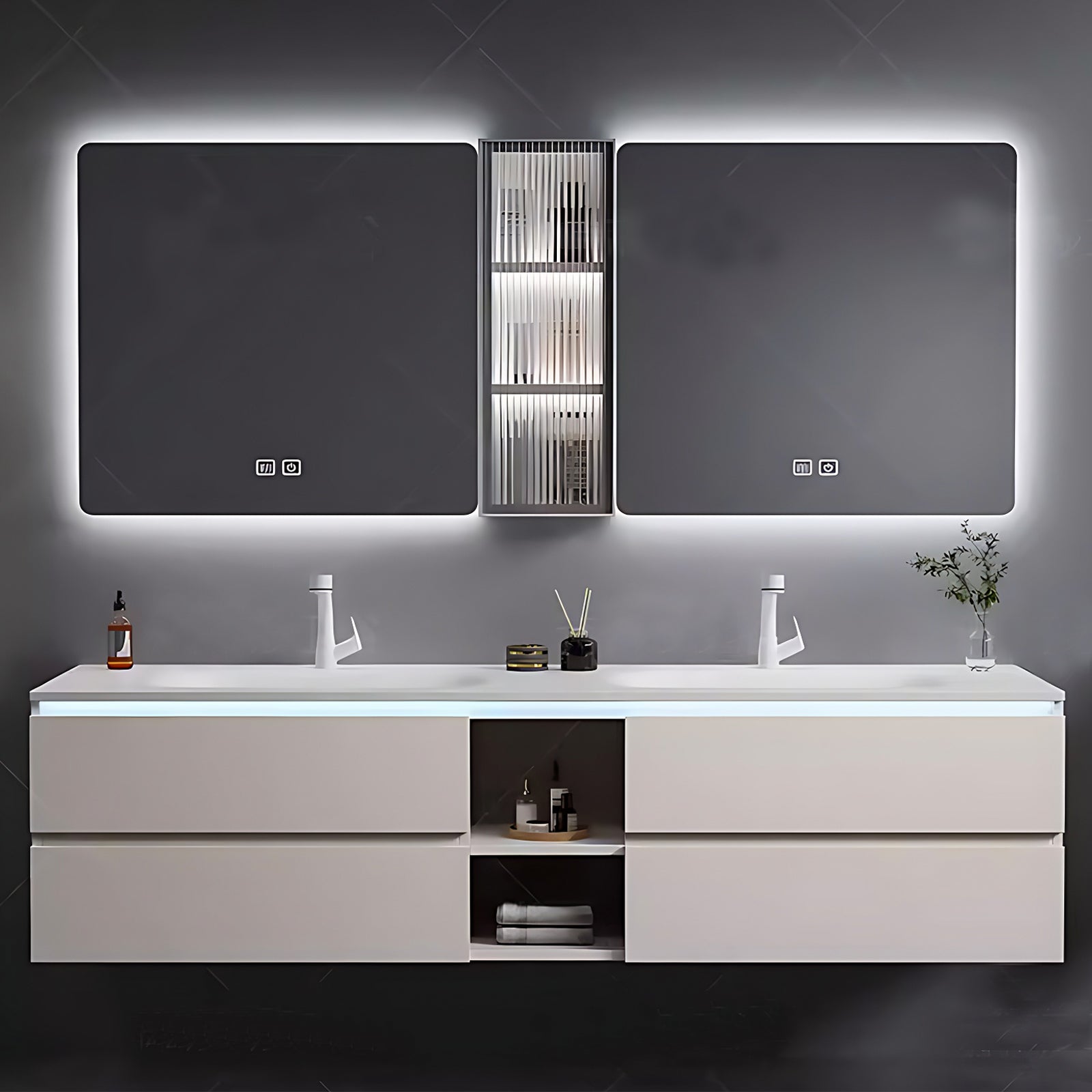 52"- 78" Double Basin White Floating Bathroom Vanity Set with Double Backlit Mirror