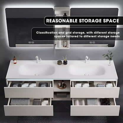 52"- 78" Double Basin White Floating Bathroom Vanity Set with Double Backlit Mirror