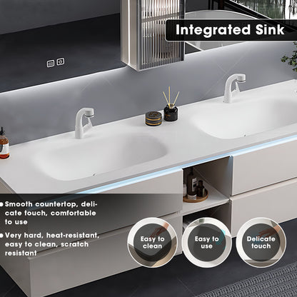 52"- 78" Double Basin White Floating Bathroom Vanity Set with Double Backlit Mirror